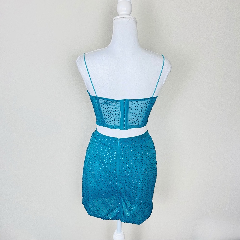 Oh Polly ‘Own The Night’ Emerald Rhinestone Corset Top & Mini Skirt Set - Picture 3 of 16